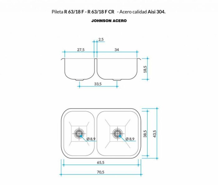 Pileta Doble Antir. R63 18F CR 70.5x43.5x18.5 Johnson Aceros 3
