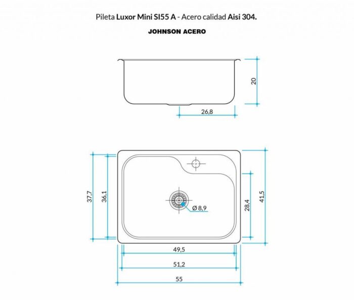 Pileta Simple Luxor Mini SI55 A 55x41.5x20 Johnson Acero 3