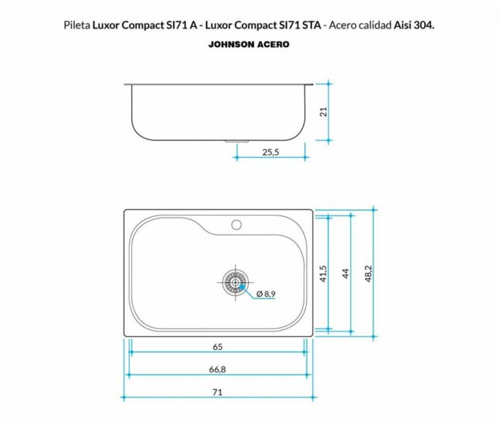 Pileta Simple Luxor S171 A 71x48.2x21 Johnson Acero 3