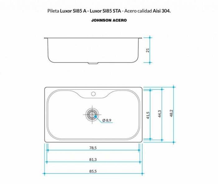 Pileta Simple Luxor SI85A 855x48x21 Johnson Acero 3