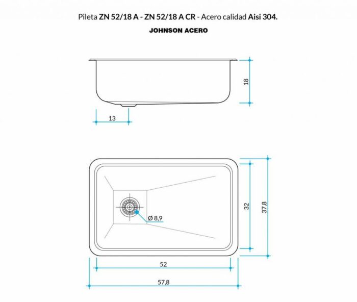 Pileta Simple ZN52 18 A 58x38x18 Johnson Acero 3